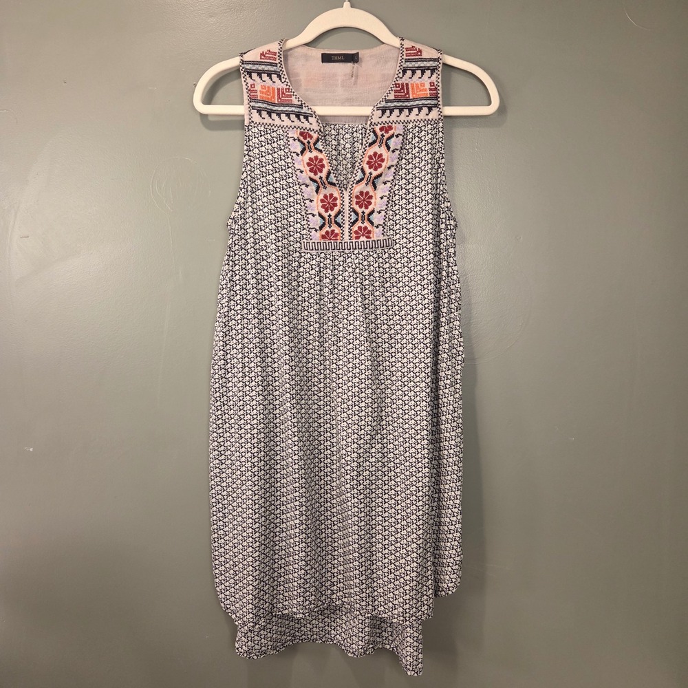 THML Women's Flowy Tank Dress Size L Embroidered Neckline Floral Geoometric